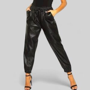 High Waisted Faux Leather Black Joggers Women’s Size 8 Goth Dark Lolita Bal…